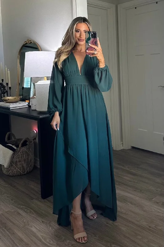 Mermaid - Style Women Dress with a Fitted Silhouette for Special OccasionsHidden Gems High Low Maxi Dress: Emerald Green