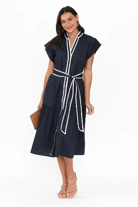 Long - Sleeve Women Dress in Velvet for a Luxurious Winter LookMari Navy Contrast Cotton Tie Dress