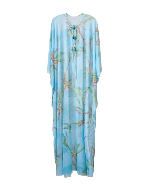 Halter Neck Women Dress to Show Off the Shoulders and NecklineMariella Blue Bamboo Print Sheer Kaftan