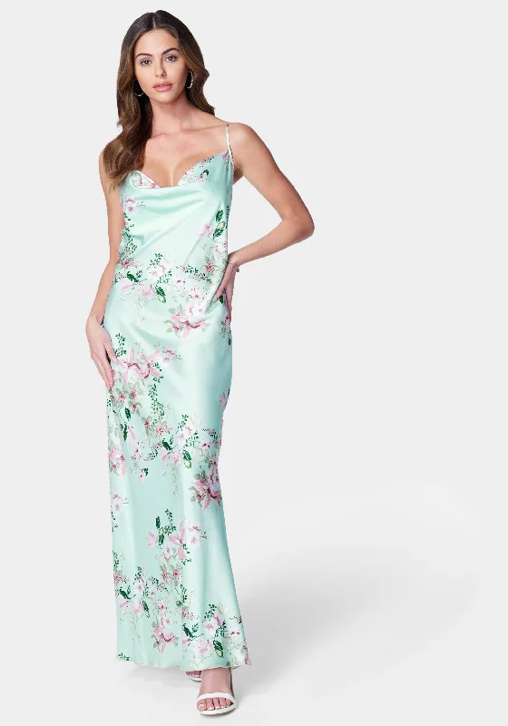 Backless Women Dress for a Sexy and Alluring Look at Evening EventsFloral Cowl Neck Maxi Dress