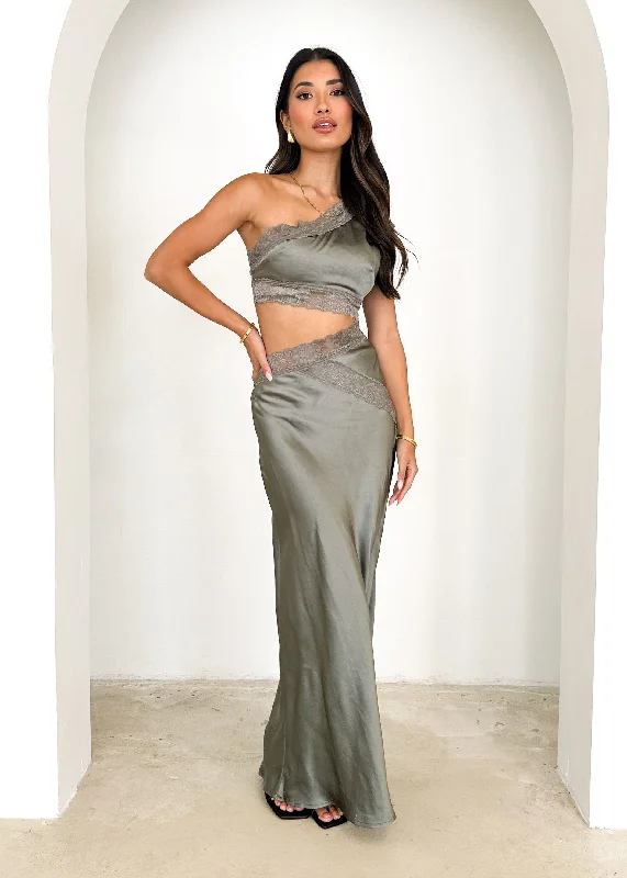 Empire Waist Women Dress to Accentuate the Bust and Conceal the WaistSakshi One Shoulder Maxi Dress - Khaki