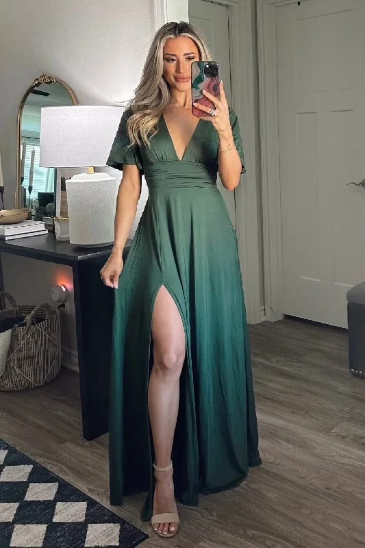 Sleeveless Women Dress in Bright Colors for Summer PartiesSimple Slit Maxi Dress: Hunter Green