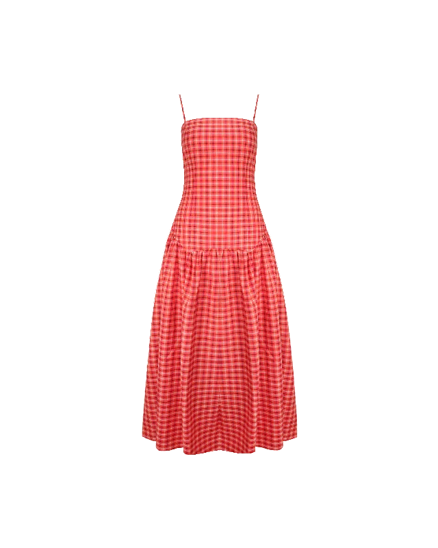 Strapless Women Dress with a Built - in Bra for Comfort and SupportTRULLI MAXI DRESS RED TARTAN