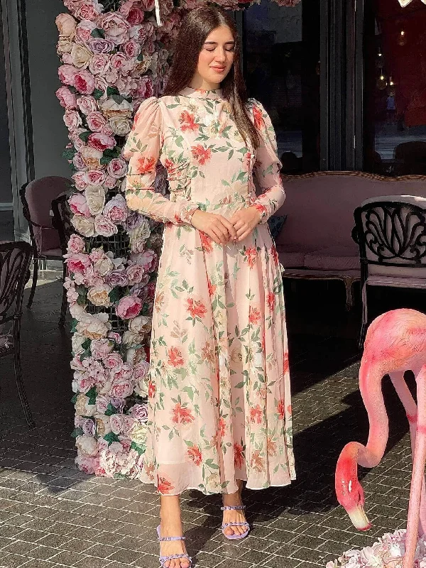 Lace - Embellished Women Dress for an Elegant and Sophisticated AppearanceVictoria - Peach Floral Maxi Dress with Long Sleeves