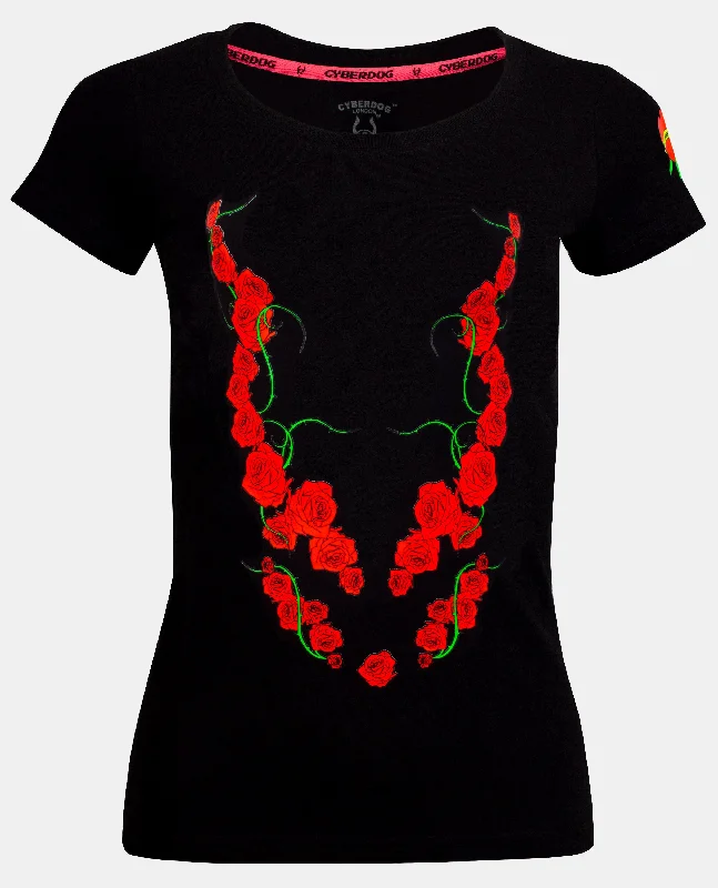 V - Neck Women T Shirt to Enhance the NecklineGIRLS TATTOO ROSE T-SHIRT