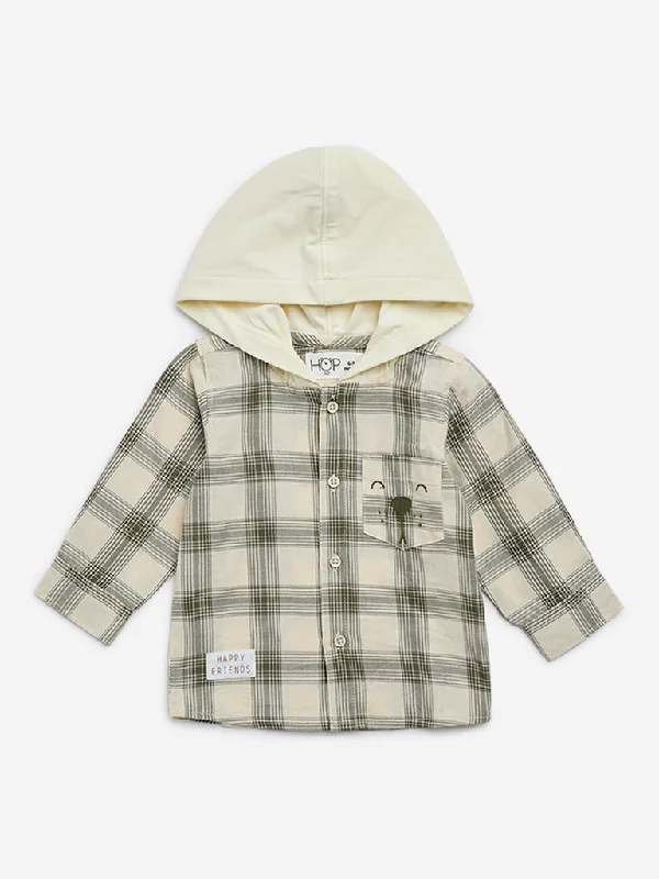 Organic Cotton Women T Shirt for Eco - Conscious WearersHOP Baby Olive Checks Printed Cotton Hooded Shirt