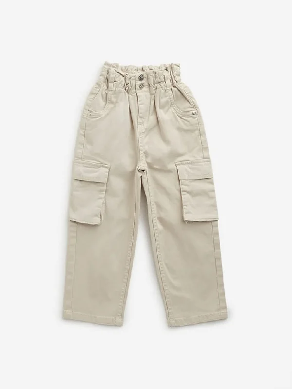 Twill Women Shorts with a Smooth Texture and DurabilityHOP Kids Beige Mid-Rise Paperbag Waist Trousers