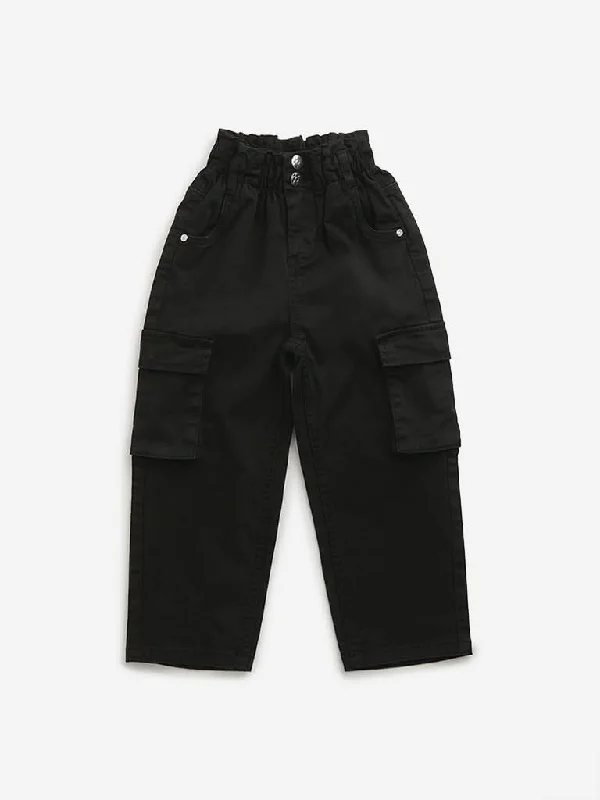 Cuffed Women Shorts for a Laid - Back and Trendy LookHOP Kids Black Mid-Rise Paperbag Waist Trousers