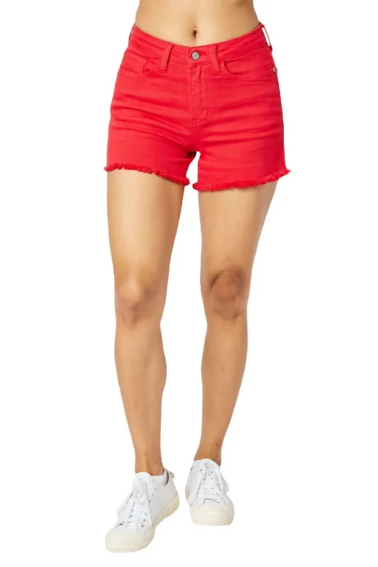 Printed Floral Women Shorts for a Summer - Ready StyleMid Rise Garment Dyed Fray Hem Shorts In Red