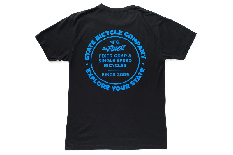 Distressed Women T Shirt with a Laid - Back AestheticState Bicycle Co. - "Manufacturing The Finest" - Premium T-Shirt (Black / Blue)