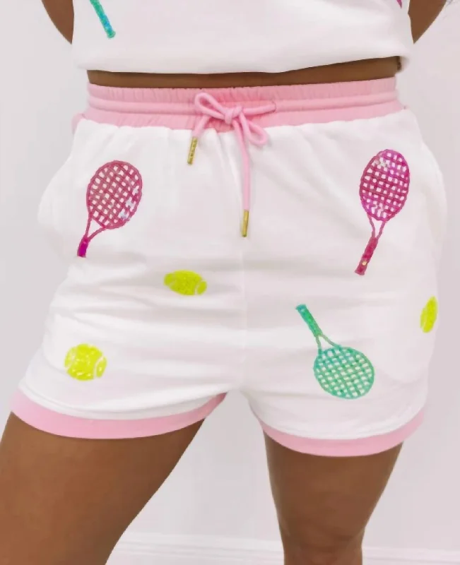 Belted Women Shorts to Enhance the WaistlineTennis Sequin Embroidery Shorts In White