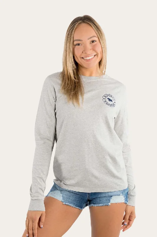 Distressed Women T Shirt with a Laid - Back AestheticSignature Bull Womens Loose Fit Long Sleeve T-Shirt - Grey Marle/Navy