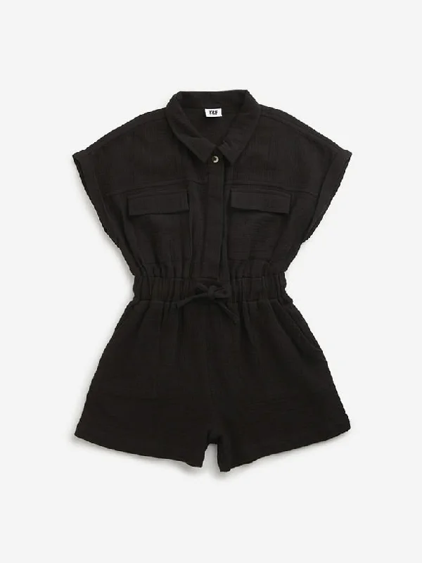 Leather Look Women Shorts for an Edgy and Chic StyleY&F Kids Black Solid Jumpsuit