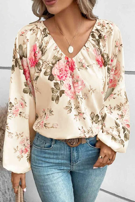 Floral V-Neck Balloon Sleeve Blouse