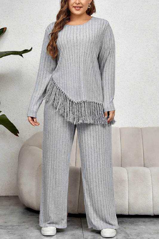 Plus Size Tassel Hem Top and Pants Set