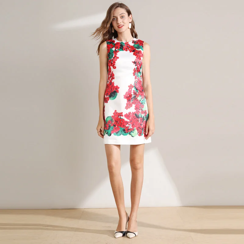 Floral Print Round Neck Sleeveless Mini Dress