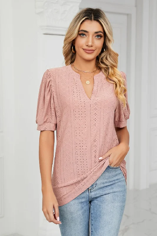 Eyelet Short Puff Sleeve Notched Neck Top